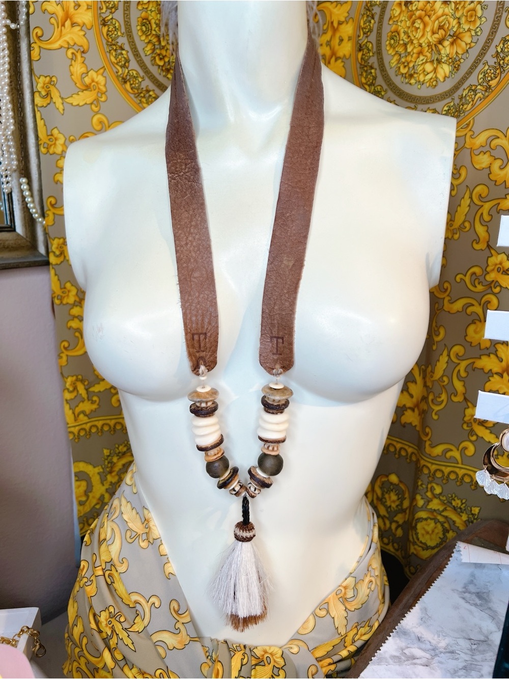 Twine & Twig horn bone wood suede 30” necklace black beige tan brown natural
